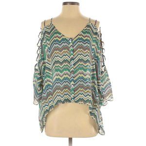 Parker silk teal chevron exposed shoulder blouse